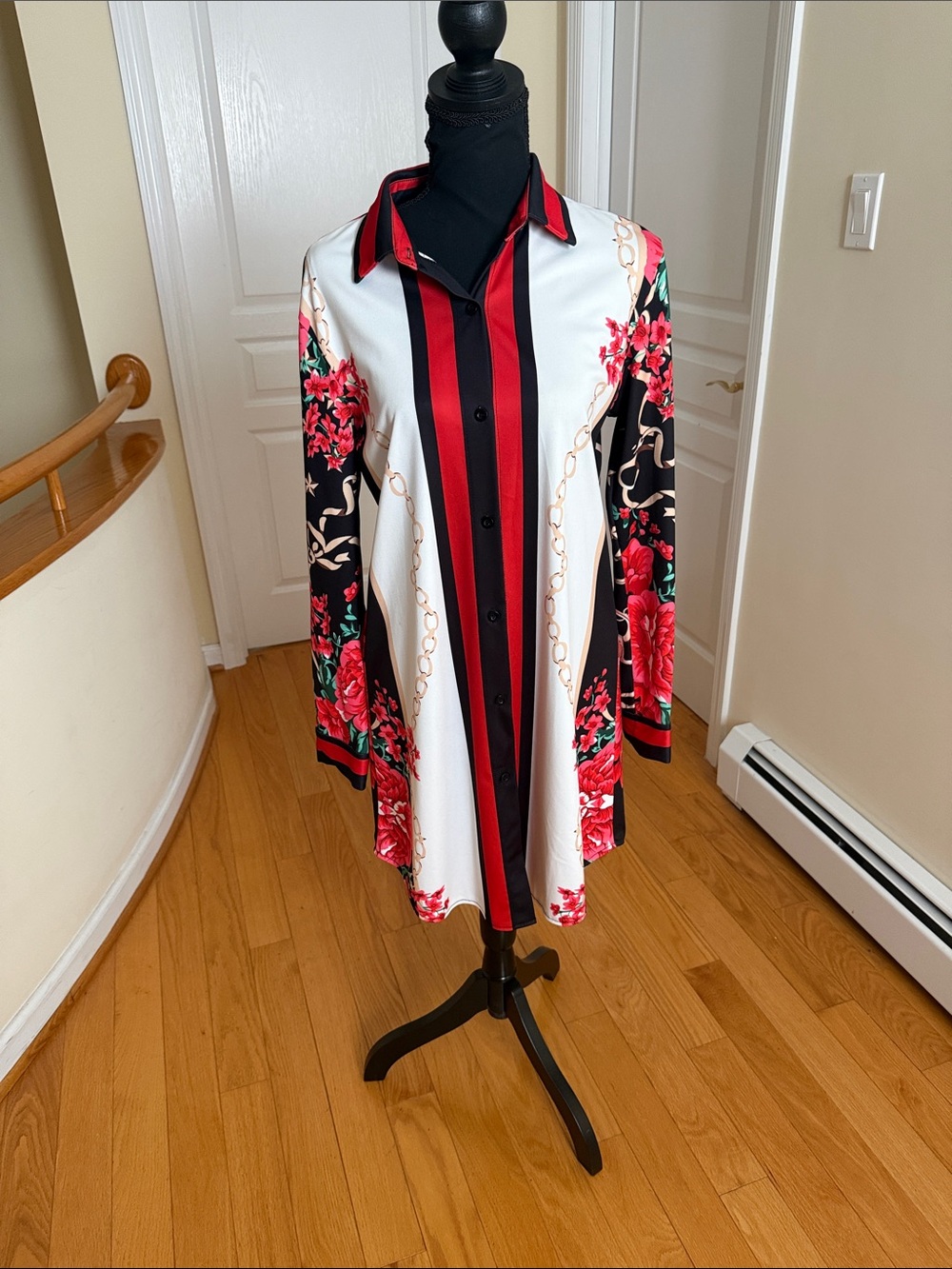 Floral Stripe Button-Front Long Sleeve Dress - Red & White